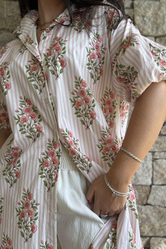 Mika Flower & Stripe Duster Shirt Pink